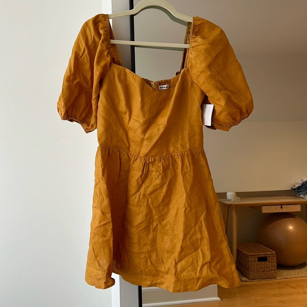 Reformation Linen mini dress yellow, size 8